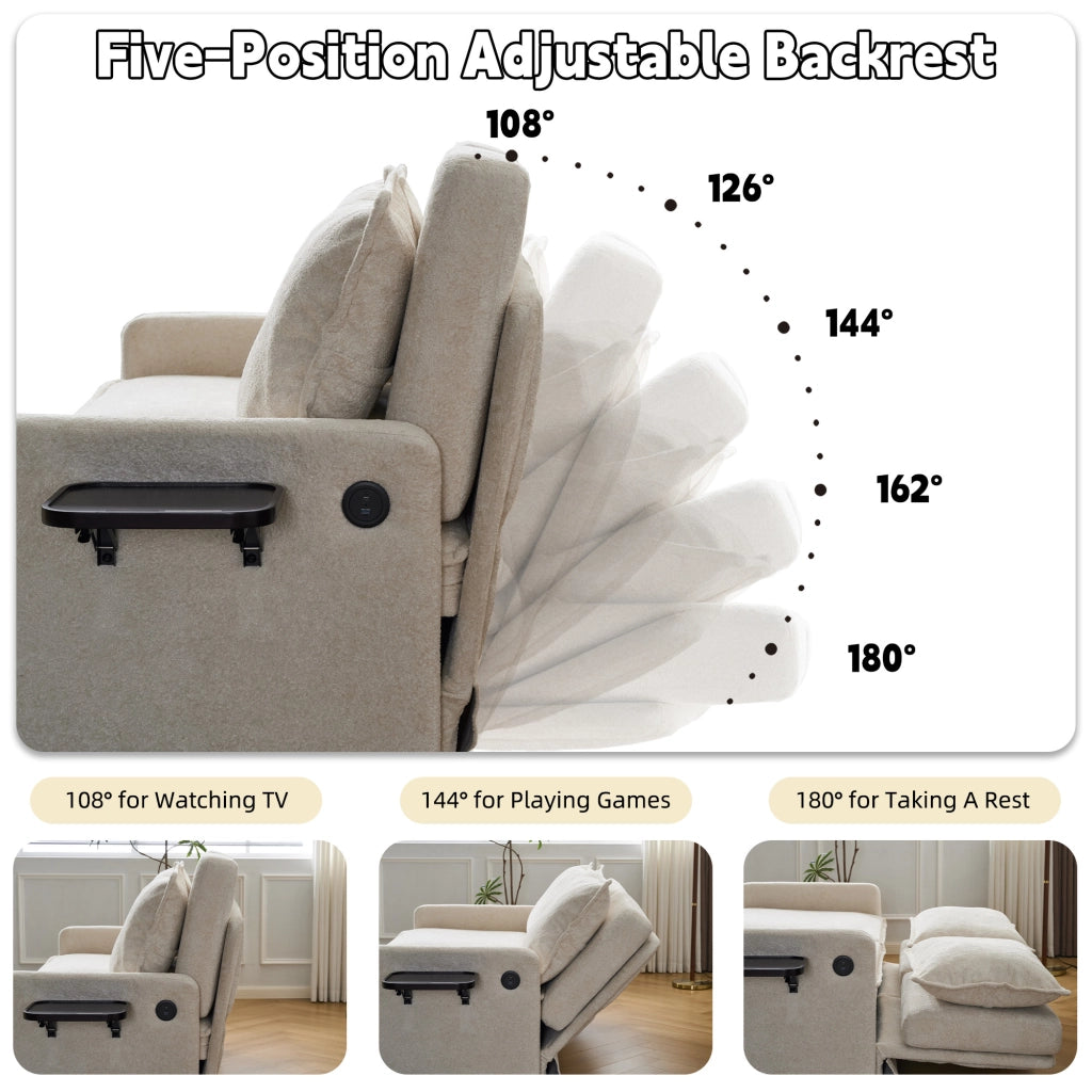 Divano letto 3 posti con schienale regolabile 5 posizioni, tasche laterali e USB, in ciniglia, beige