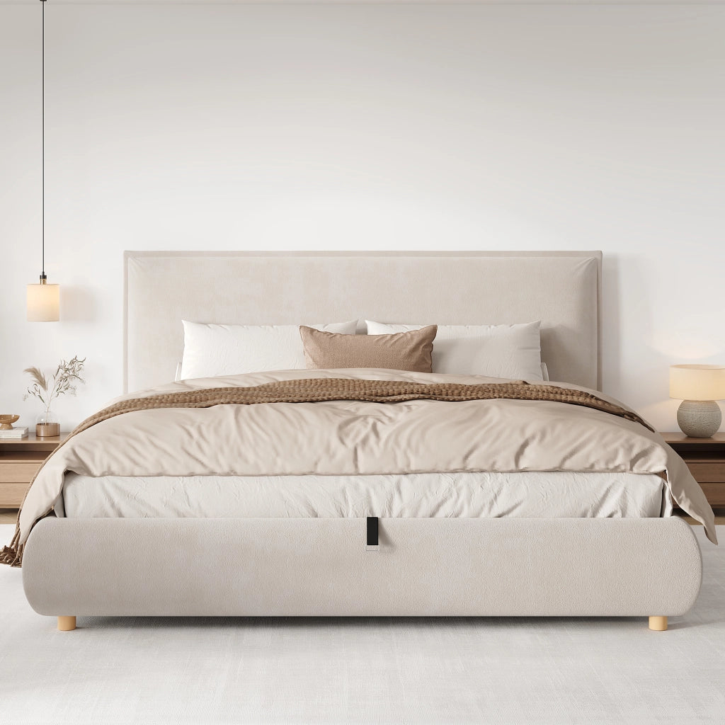 Letto matrimoniale imbottito 180x200 cm; idraulico con rete a doghe; testiera imbottita; ampio contenitore; piedi in legno massello; bouclé; crema