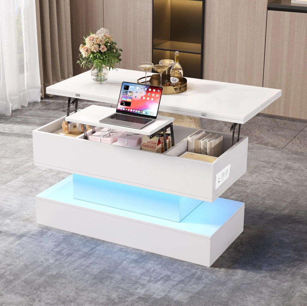 Tavolino da salotto sollevabile con contenitore e presa USB; 100 x 50 x 51;5 cm; bianco