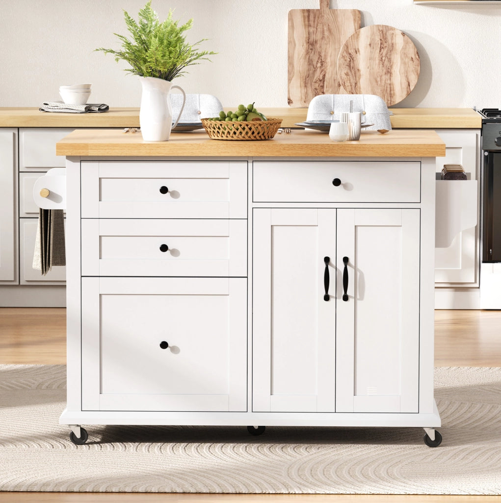 Isola cucina con ruote 107 x 45-70 x 90,5 cm bianco e legno, piano estensibile