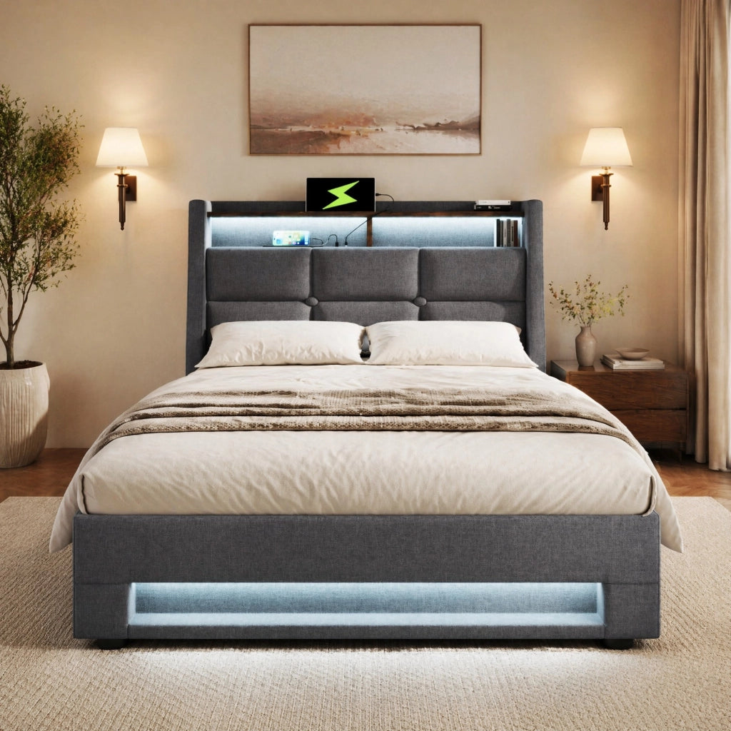 Letto contenitore 90 × 200 cm con LED e USB testiera imbottita rivestito in lino grigio rete a doghe inclusa