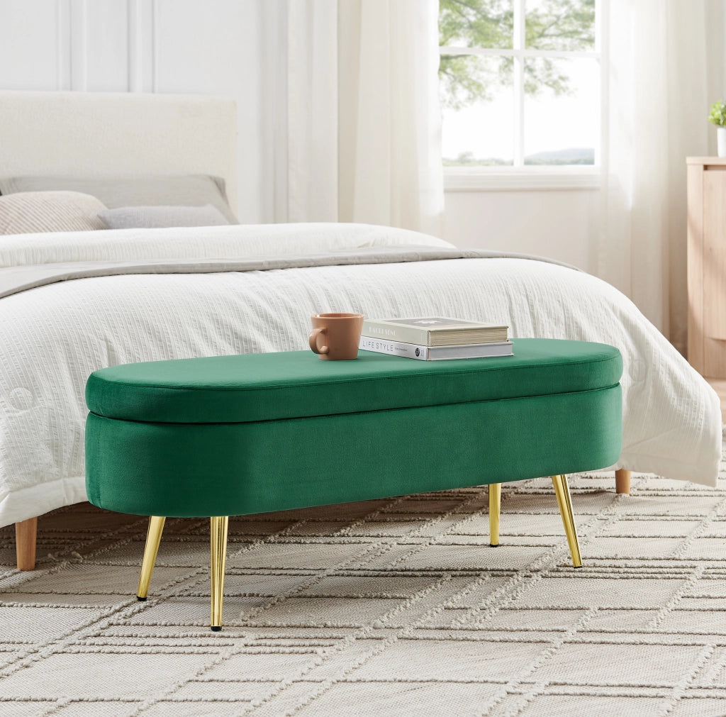 Panca contenitore multifunzione in velluto verde con telaio in legno massello e gambe in metallo, 110x40x42 cm, 20L di spazio