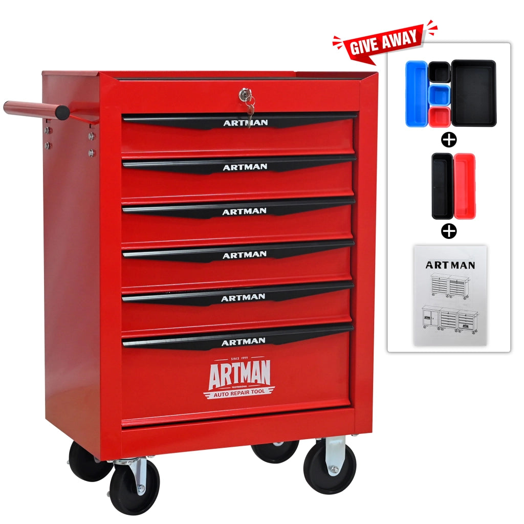 Armadio da officina mobile con 6 cassetti e ruote con freno in acciaio rosso e nero 60.0 × 33.0 × 77.5 cm