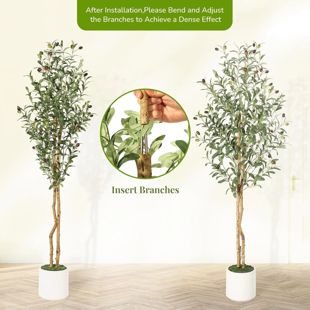 Set 2 Piante di Olivo Artificiale 210 cm con Tronco Naturale e Vaso Bianco
