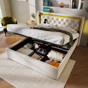Letto contenitore 140x200 beige con LED, ricarica USB-C e rete a doghe