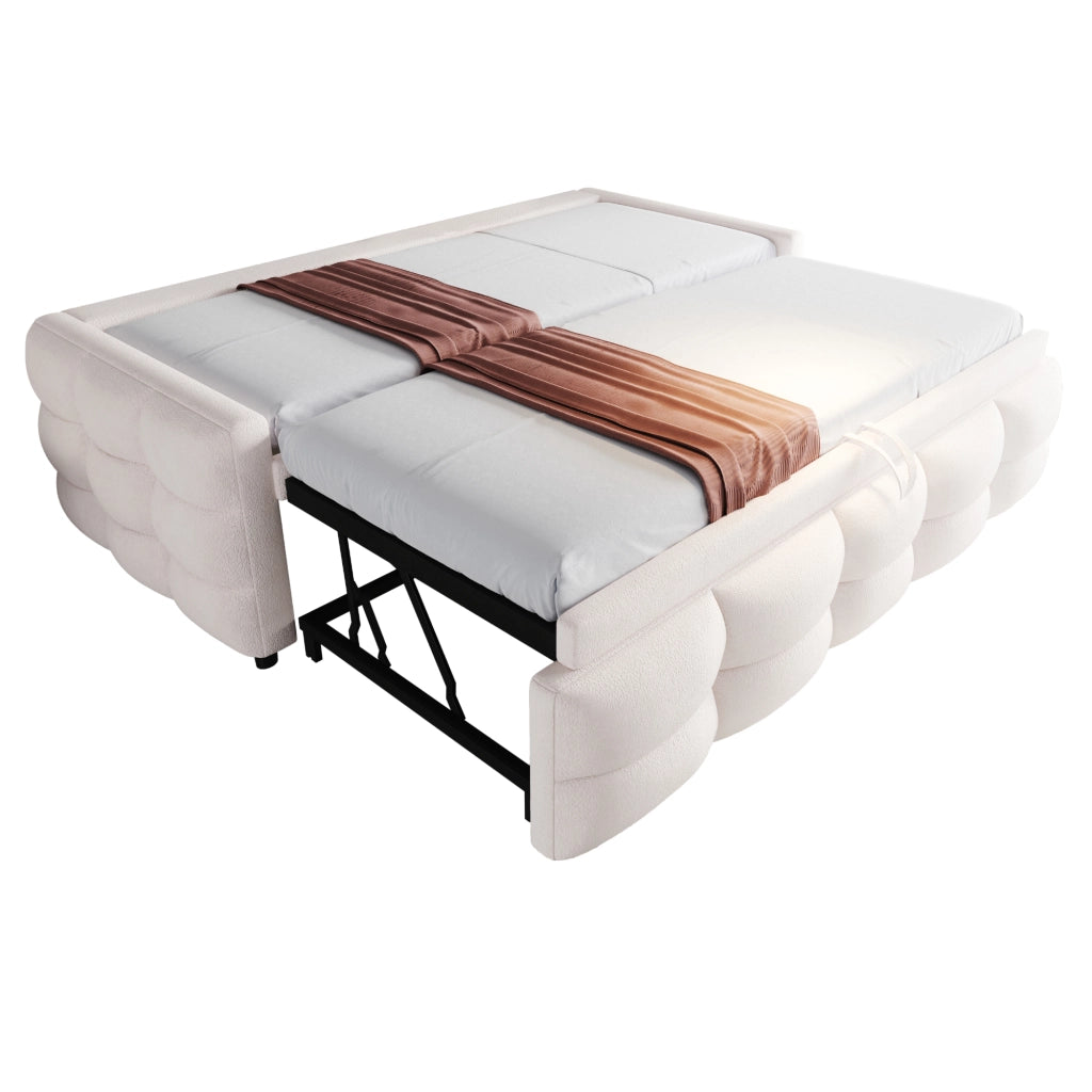 Letto imbottito estraibile 90/180 x 190 cm con rete a doghe; tessuto teddy beige; divano letto salvaspazio