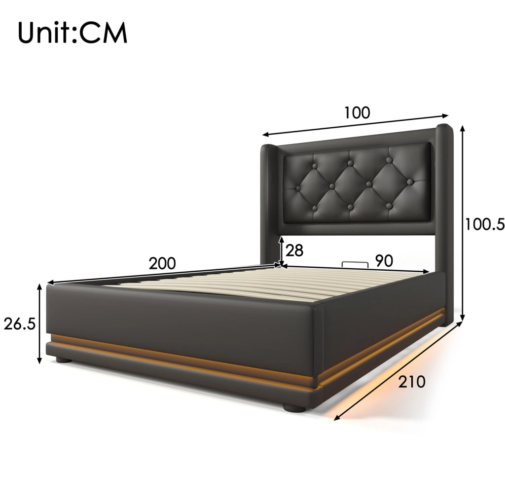 Letto contenitore 90x200 cm con LED e USB C; PU nero