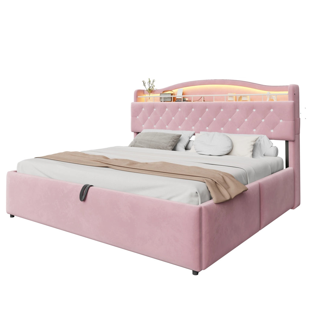 Letto Matrimoniale 180x200 cm con Contenitore Idraulico; Rivestimento in Velluto Rosa e Testiera LED con USB