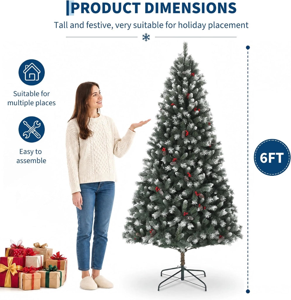 Albero di Natale Innevato 180cm con 250 LED Bianco Caldo Pigne e Bacche 818 Rami Pieghevoli