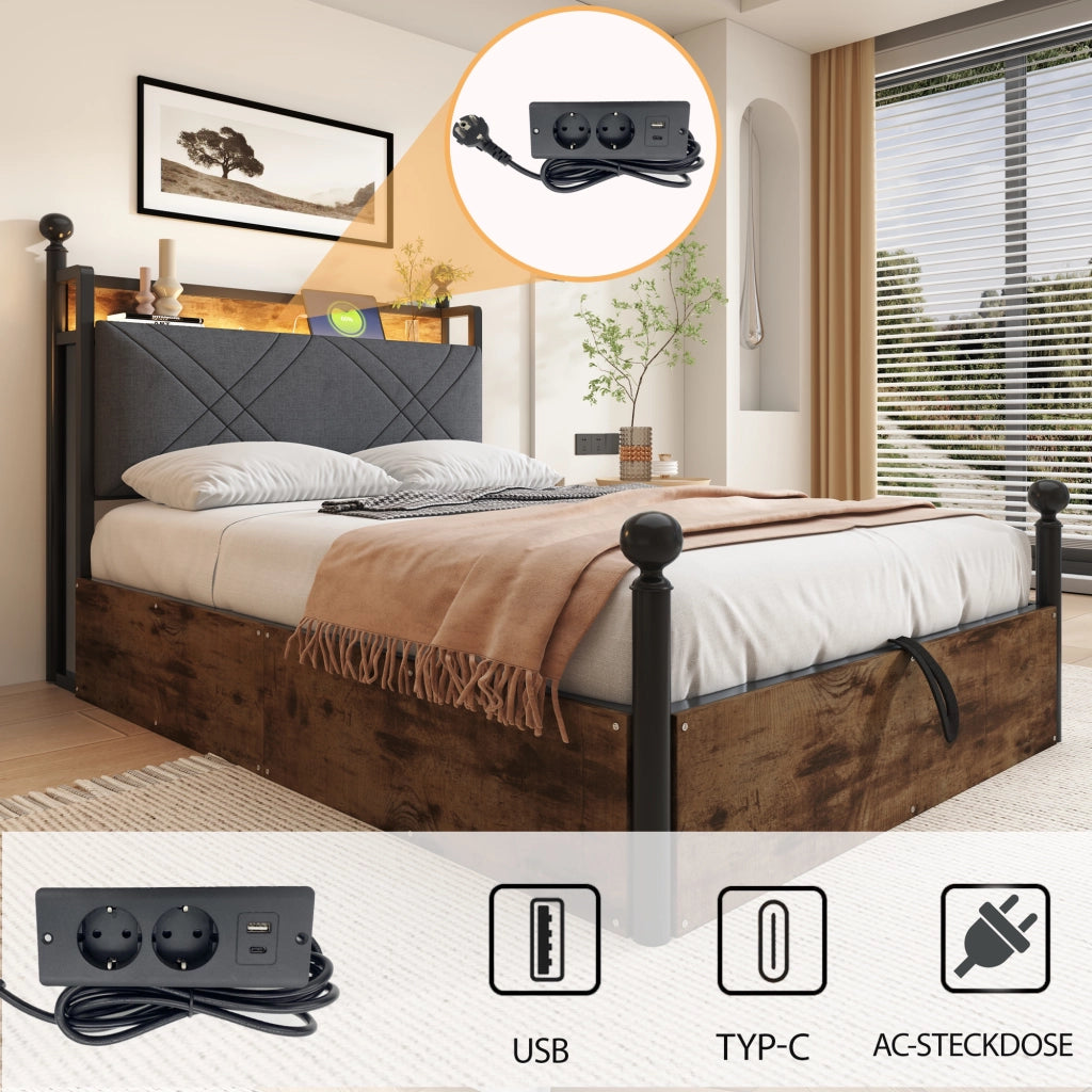 Letto con contenitore 90 × 190 cm con sollevamento idraulico; struttura in ferro; LED e porte USB Type-C nero