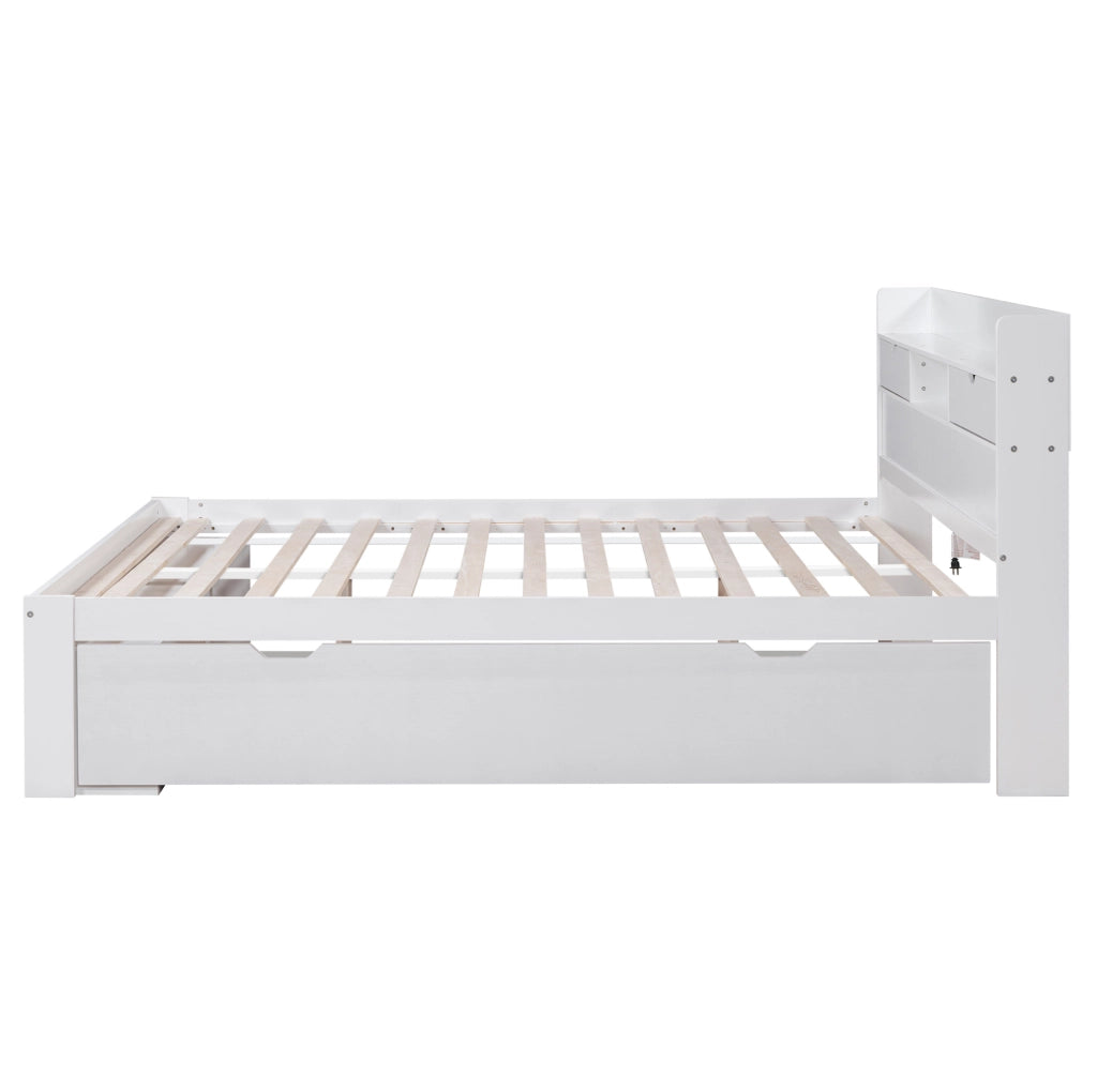 Letto matrimoniale 160x200 cm con porta USB, cassetti e armadietto, struttura in MDF e compensato, capacità fino a 200kg, bianco, senza materasso