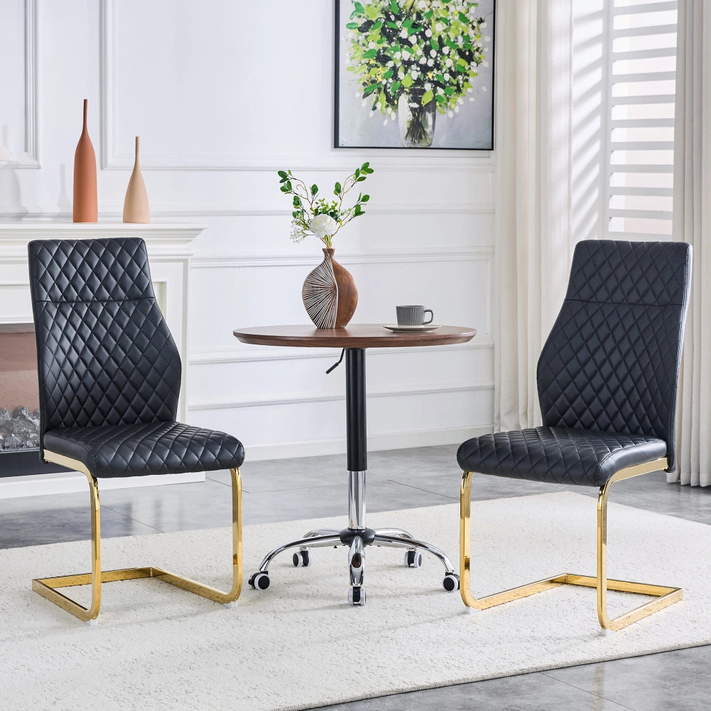 Sedie da sala da pranzo set 2 con schienale alto ergonomico e imbottitura, in similpelle PU nera e metallo dorato