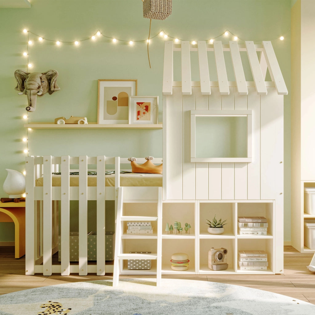 Letto casetta per bambini 90x200 in legno massello; rialzato con scala; contenitore e struttura bianca