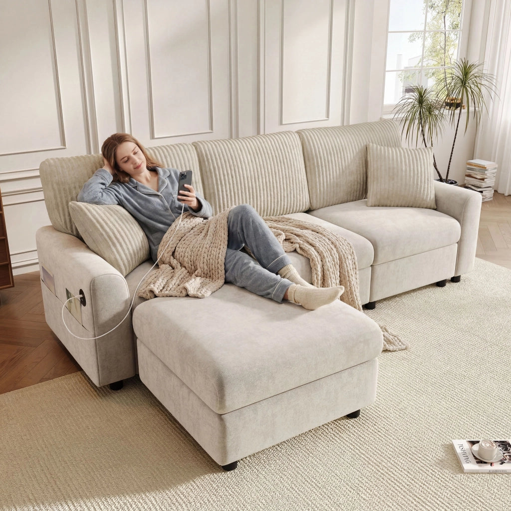 Divano dritto moderno con pouf mobile, porta USB e porta di tipo C, 2 cuscini quadrati, in ciniglia e velluto a coste beige
