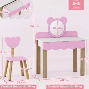 Toeletta per bambini ULEVR rosa con specchio acrilico a forma di orsetto, cassetto e sgabello