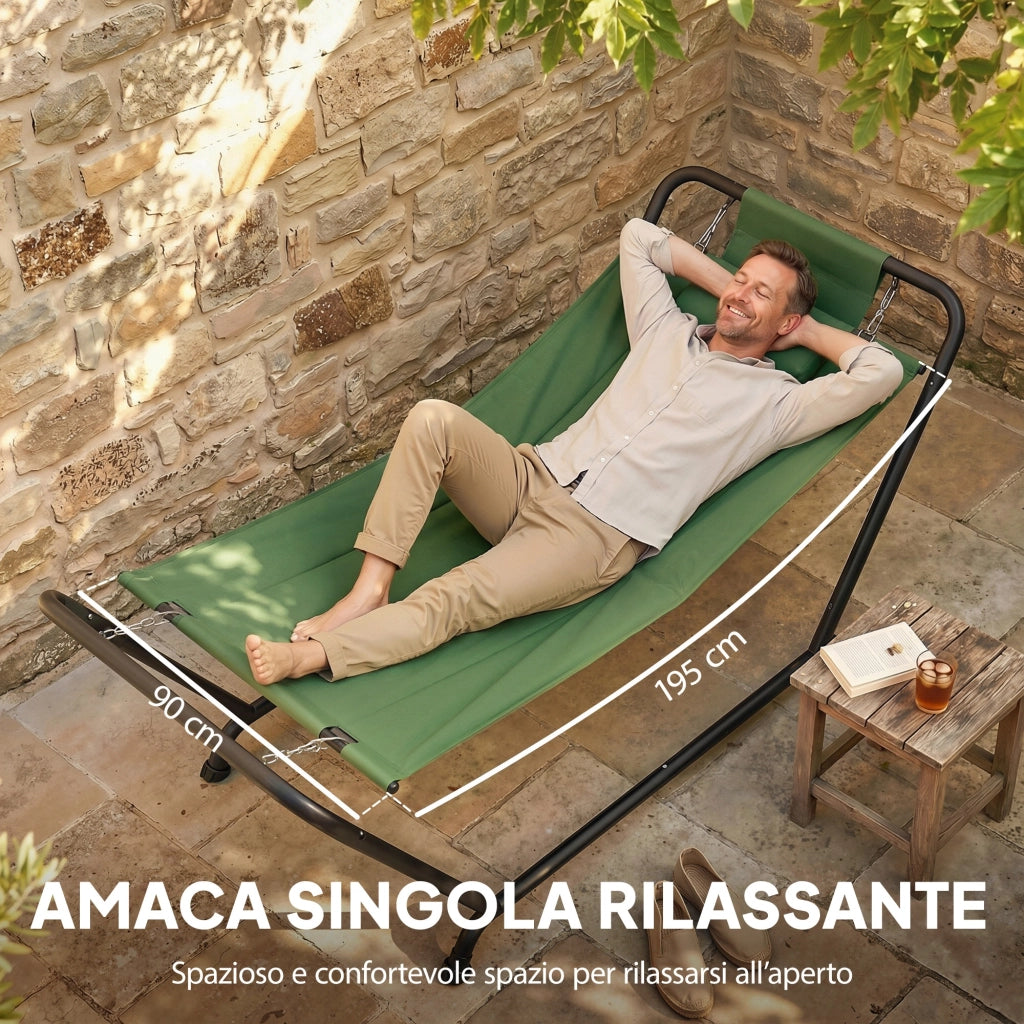 Amaca da Giardino con Supporto, Tasca Laterale e Poggiatesta, in Metallo e Poliestere, 237x90x92 cm, Verde Scuro