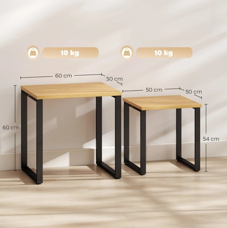 Set 2 Tavolini da Salotto con Struttura in Metallo e Piano Effetto Legno, Misure 60x50x60 cm e 50x50x54 cm