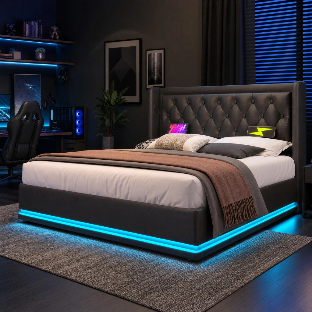 Letto matrimoniale 160x200 cm in PU nero con contenitore idraulico, testiera imbottita con USB e Type-C, LED a 3 lati