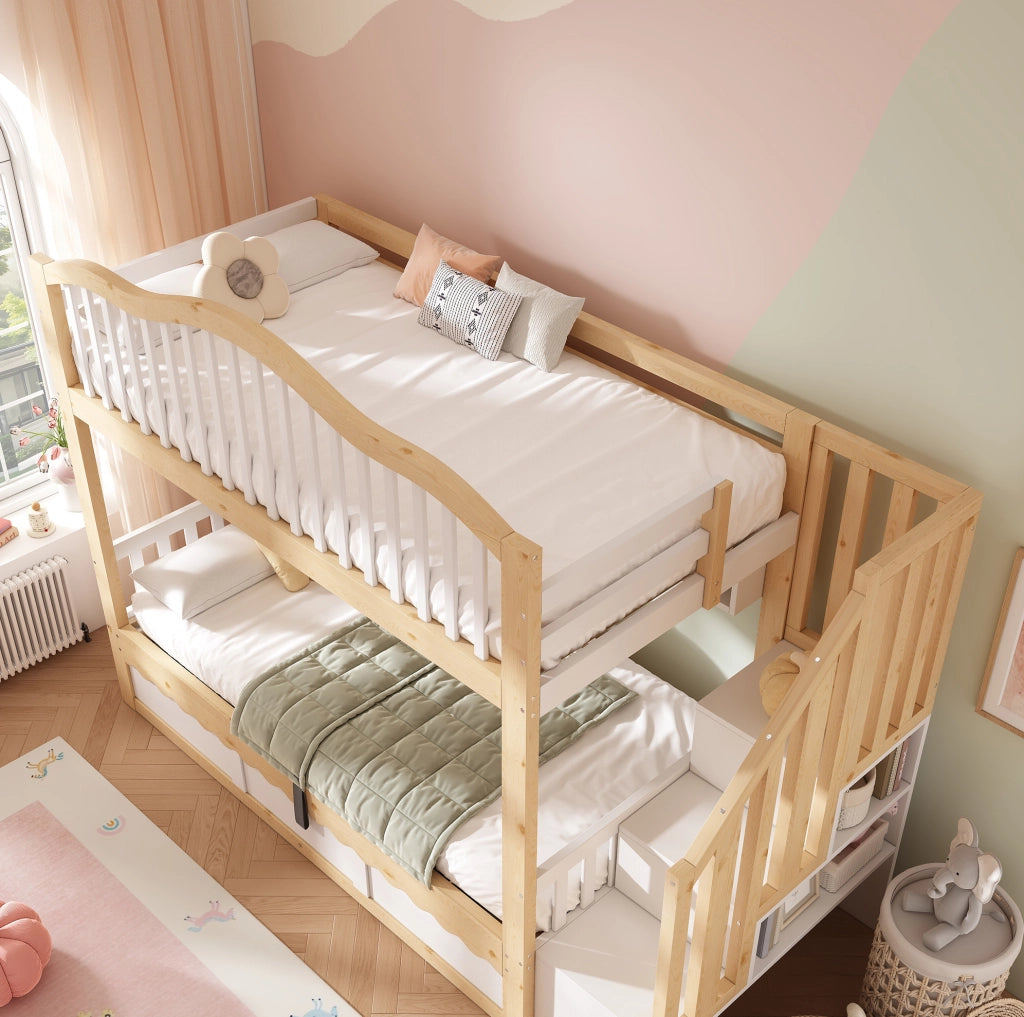 Letto a castello 90x200 cm con contenitore idraulico; scala con vani; pino e MDF; bianco e rovere