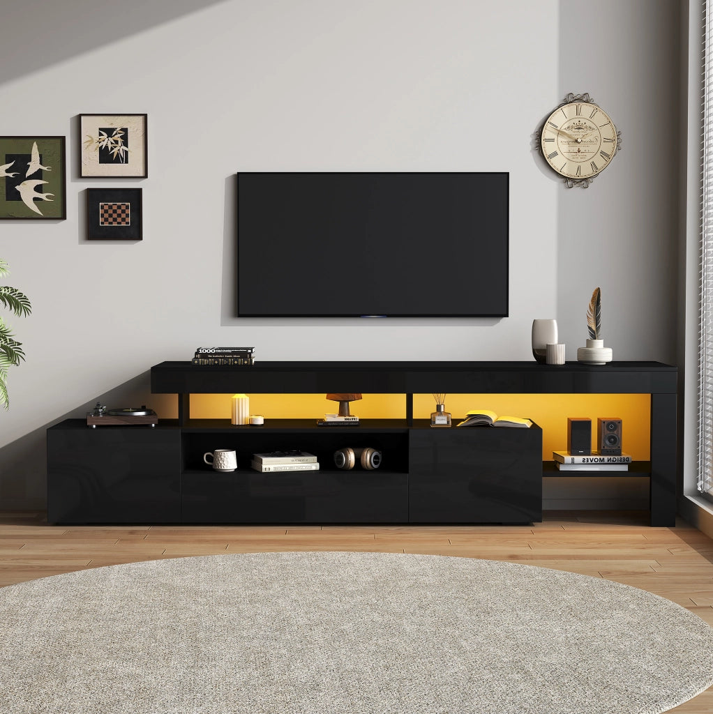 Mobile TV con LED 192x37x53 cm; 3 ante a ribalta e ripiani in truciolare nero