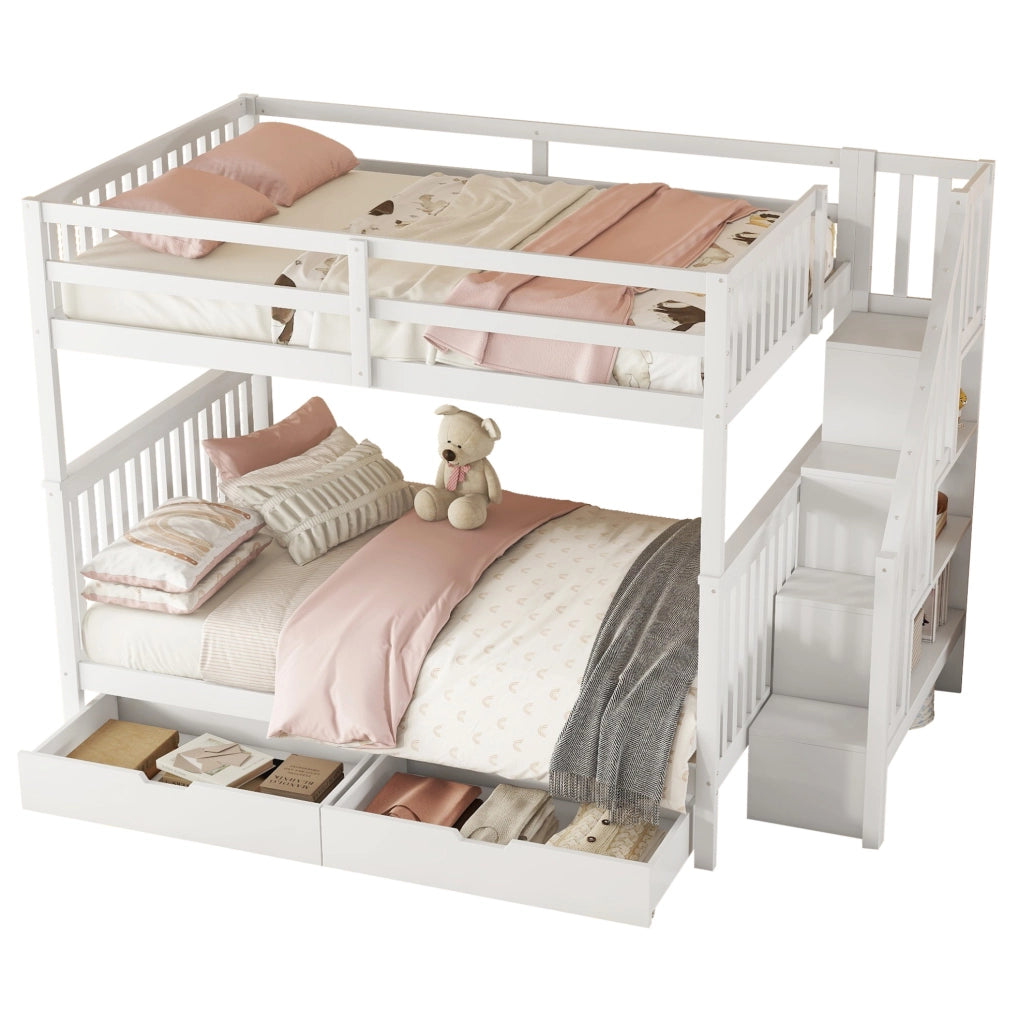 Letto a castello 140x200 cm con scala contenitore e 2 cassetti