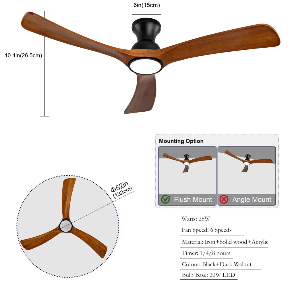 Ventilatore da soffitto 52 pollici con LED, telecomando e pale in noce scuro