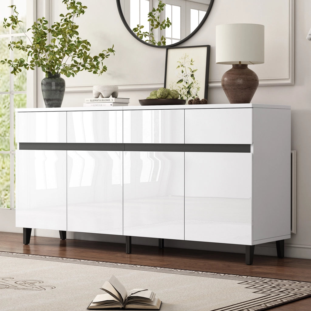 Credenza Bianca Lucida Mobile Buffet 160 cm con 4 Cassetti e 2 Ante