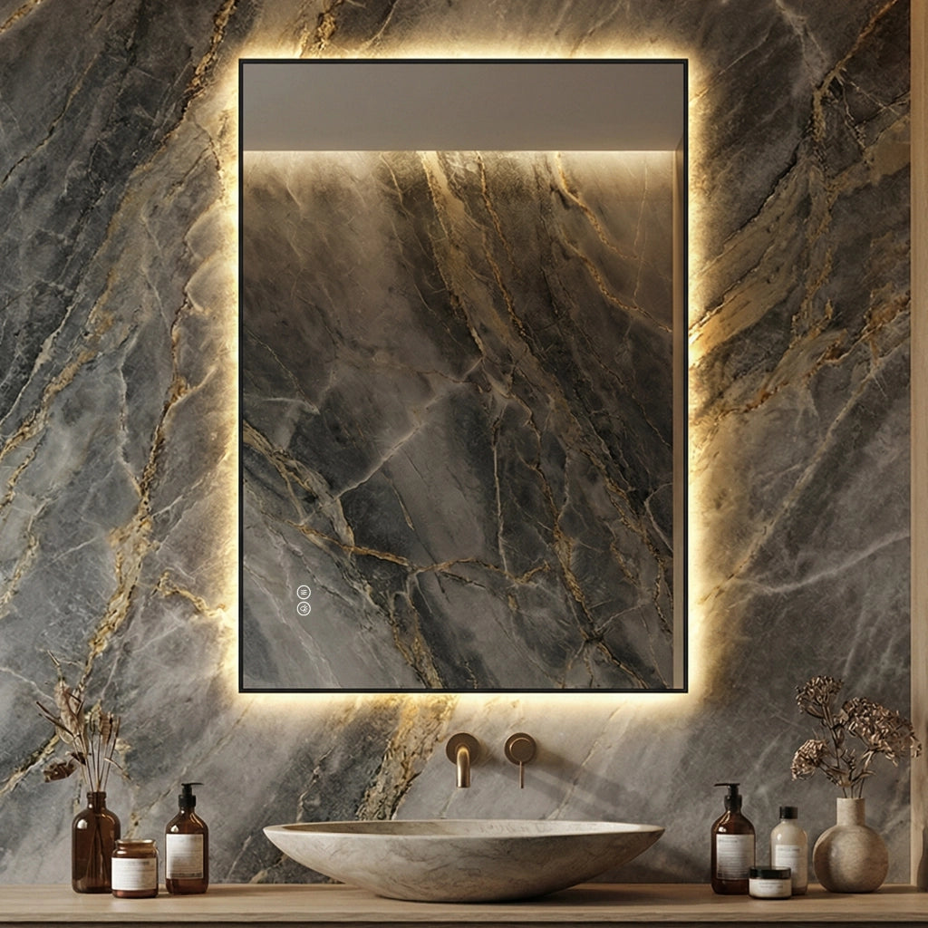 Specchio da bagno LED 50x70 cm con cornice in alluminio, retroilluminato, antiappannamento, 3 temperature luce, dimmerabile e funzione memoria