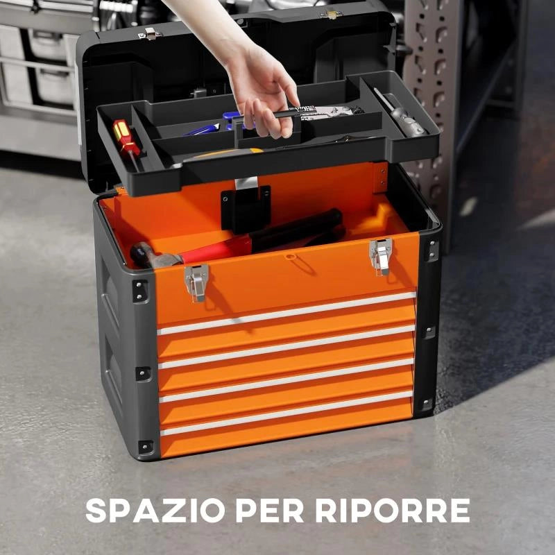 CASSETTA PORTA ATTREZZI CON 4 CASSETTI E SCOMPARTO SUPERIORE IN ACCIAIO E PLASTICA, ARANCIONE E NERO