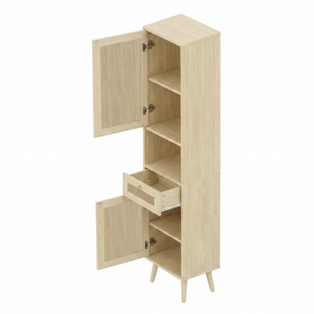 Mobile bagno alto 166 cm con ante in rattan reversibili, cassetto, chiusura magnetica e cerniere soft-close, 40x30x166 cm, colore legno naturale