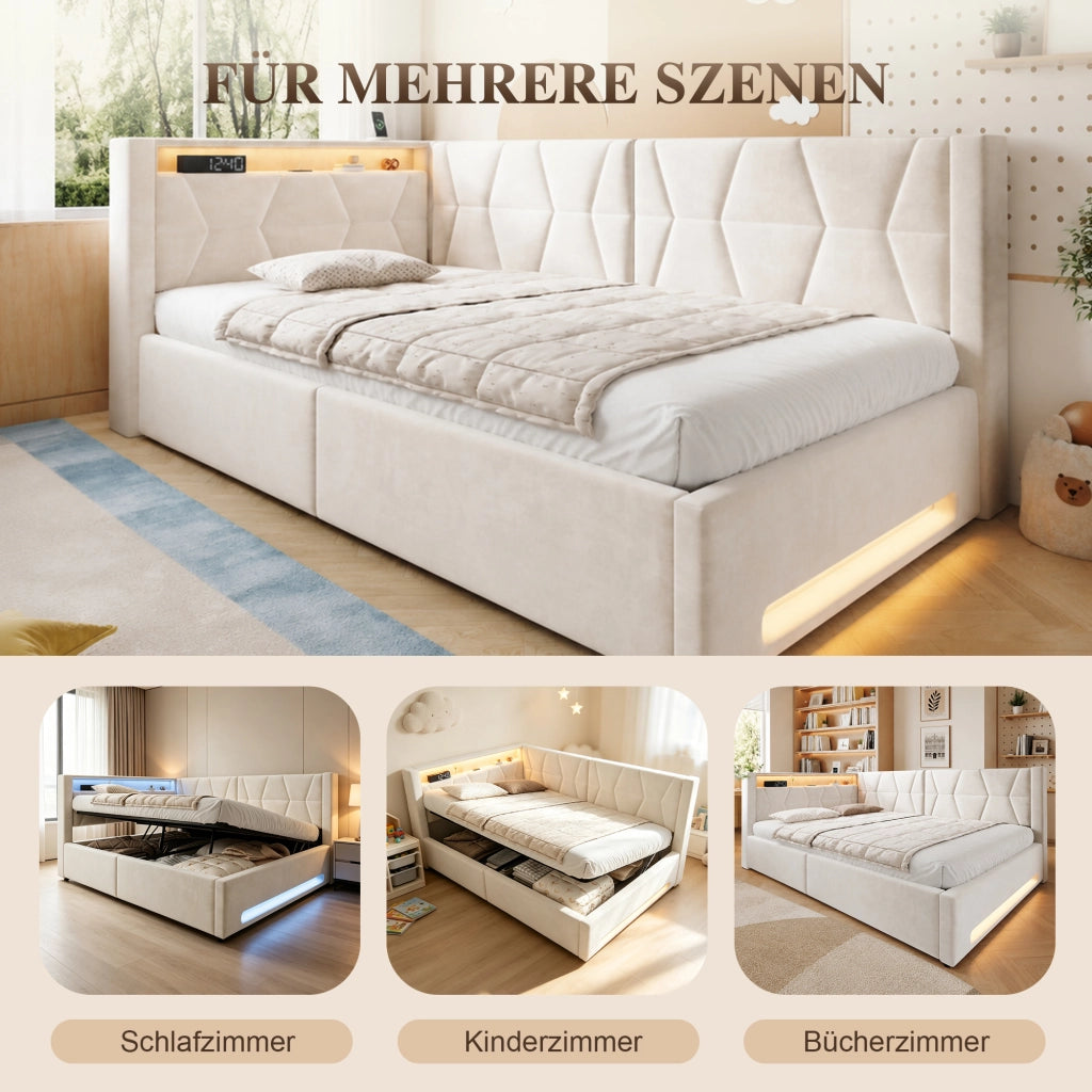 Letto singolo con contenitore 90 × 200 cm idraulico con LED USB e Type-C in velluto beige rete a doghe inclusa