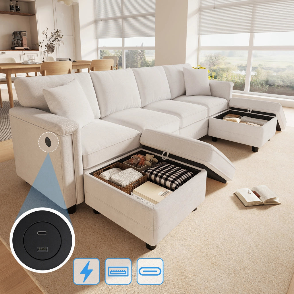 Divano modulare trasformabile a L e U 261 x 134 x 82 cm con due pouf contenitore; ciniglia beige
