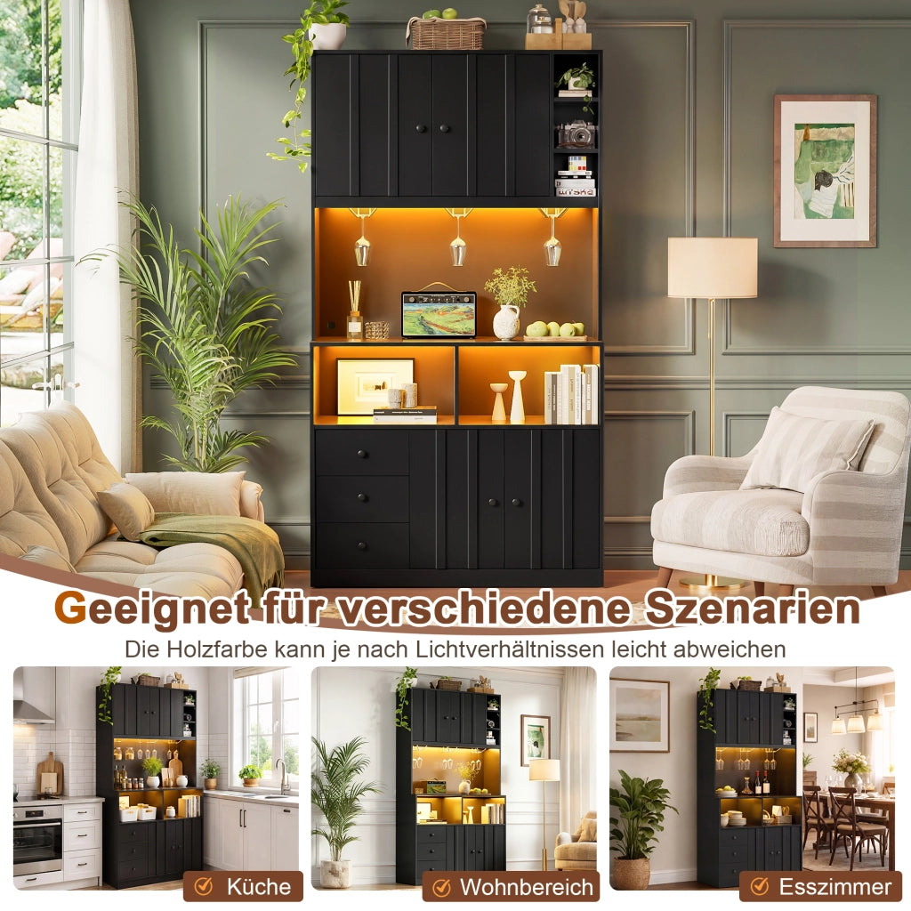 ARMADIO CUCINA 180 cm con LED, prese USB/AC, MDF nero