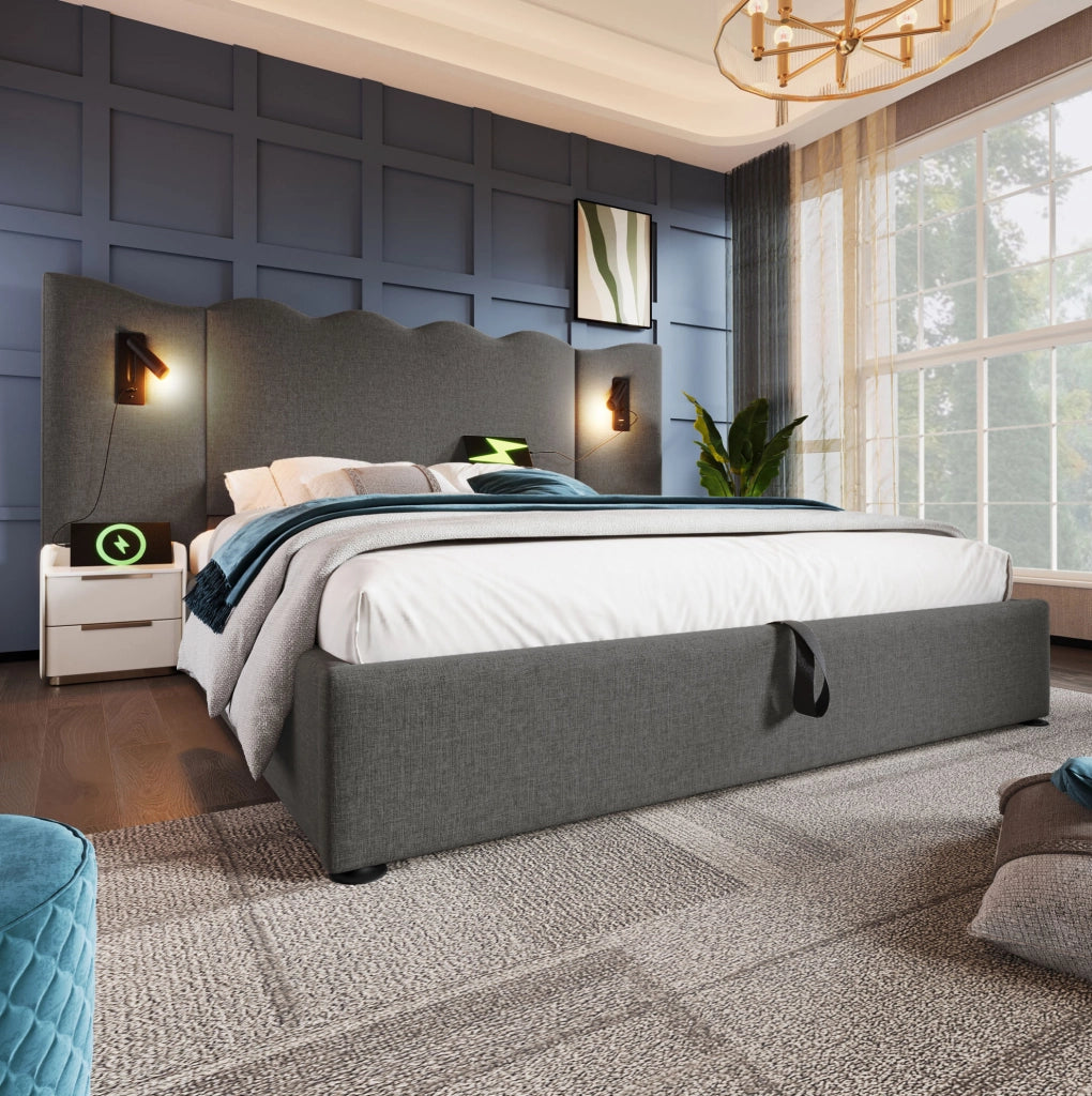 Letto contenitore matrimoniale 180x200 cm grigio con luce LED e porte USB