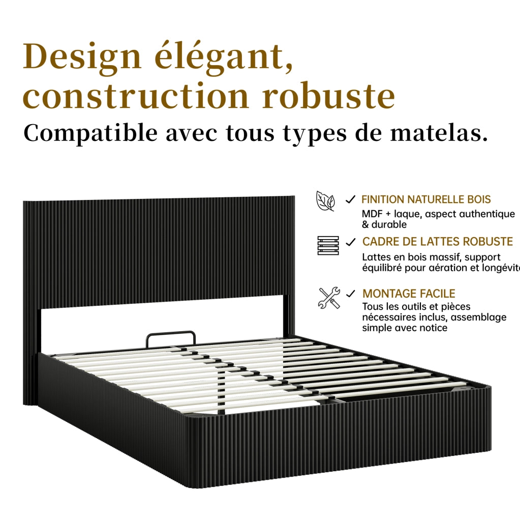 Letto con contenitore e sistema idraulico 160x200 cm, struttura in acciaio e doghe in legno massello, finitura nera lucida