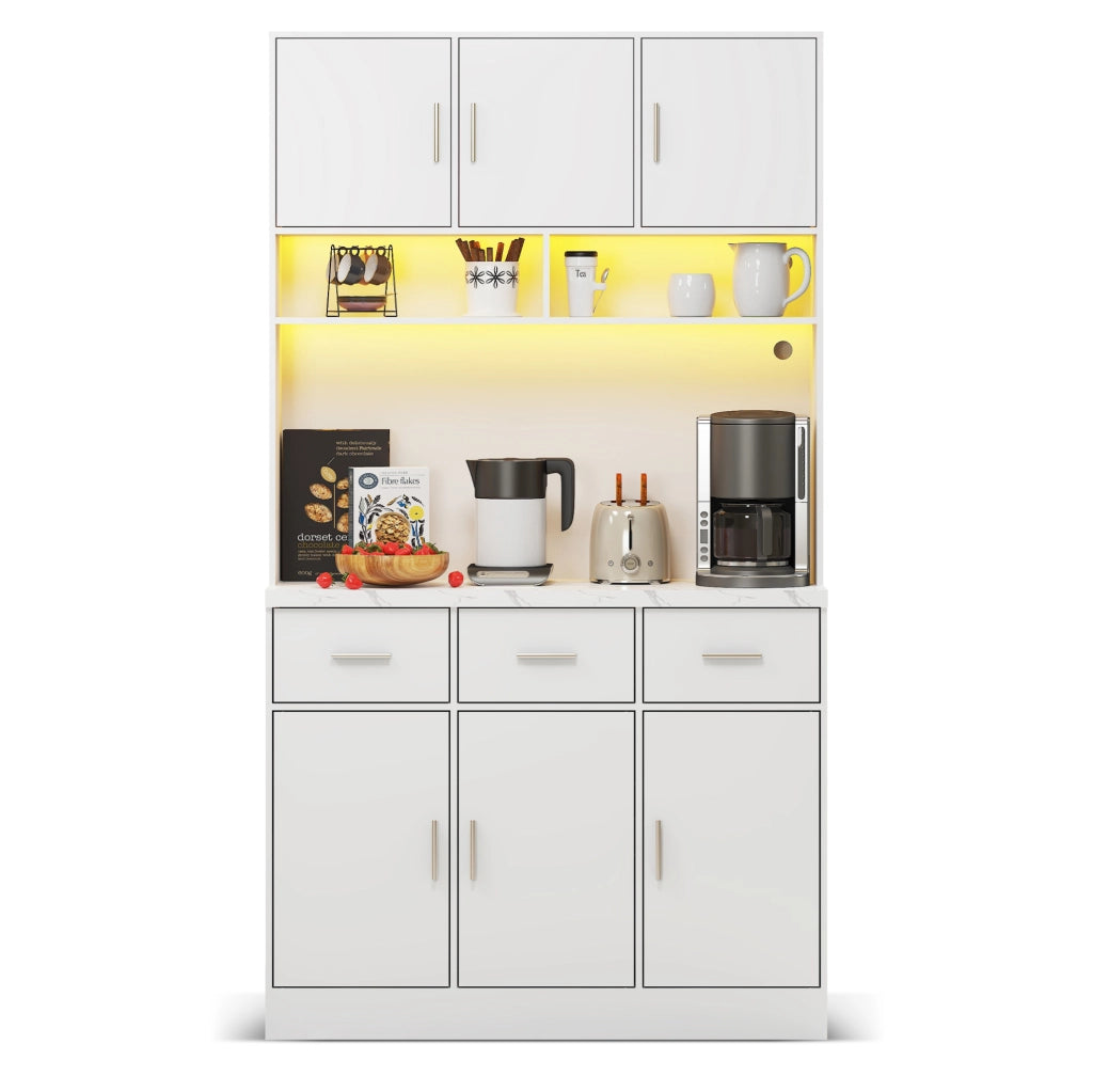 Buffet multifunzione bianco 100x40x180 cm con luci LED controllate tramite app, cassetti, ripiani regolabili e prese integrate