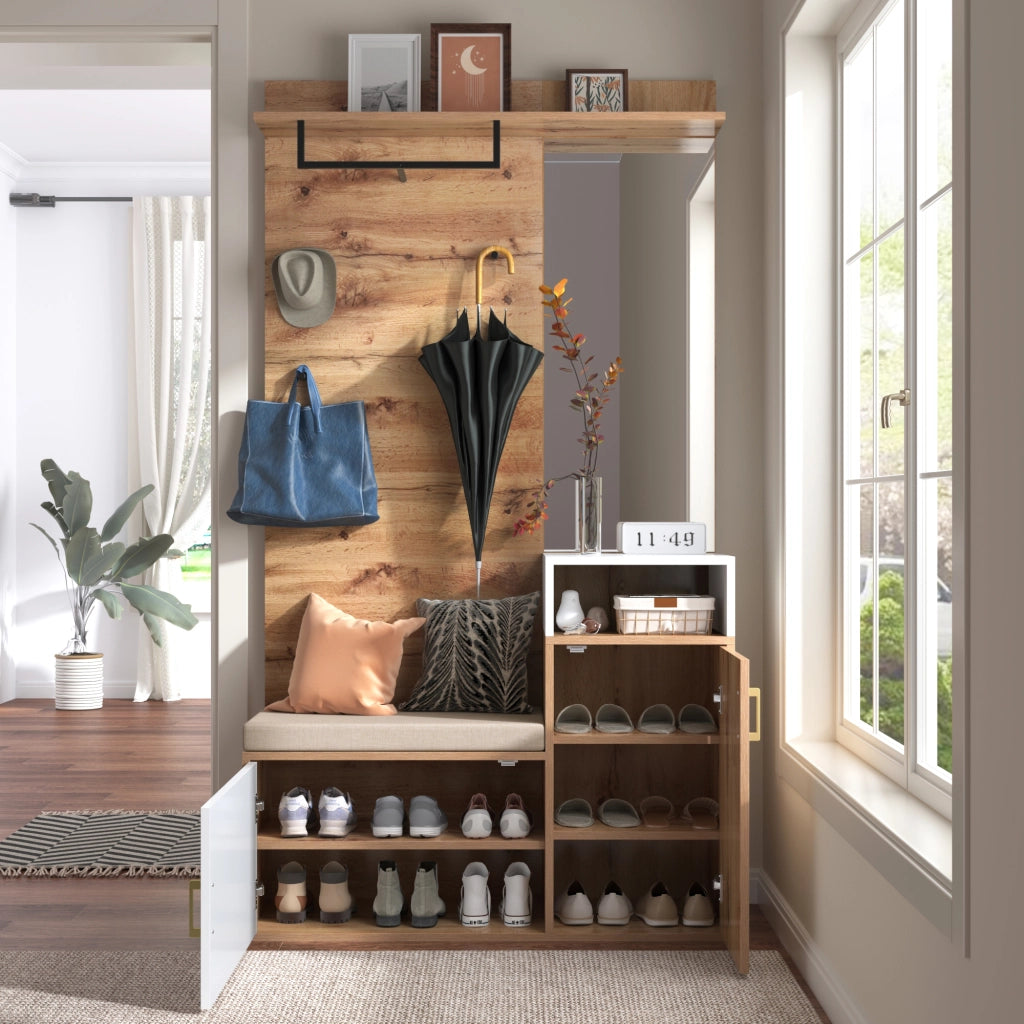 Mobile da ingresso con specchio, panca, 2 vani per scarpe, 4 ganci e barra, bianco e legno, 105 × 40 × 190,5 cm