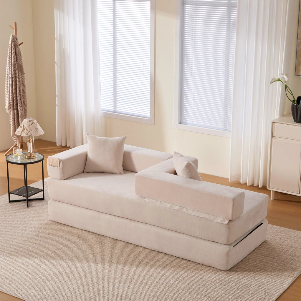 Divano modulare in chenille con tasche laterali e base antiscivolo, 198x79x60 cm, colore soffice