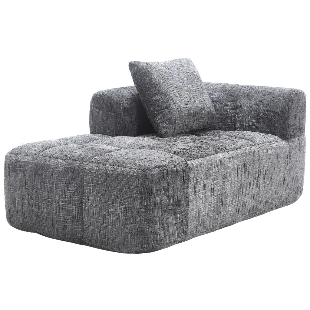 Divano chaise longue in ciniglia grigio con tasche laterali e cuscino
