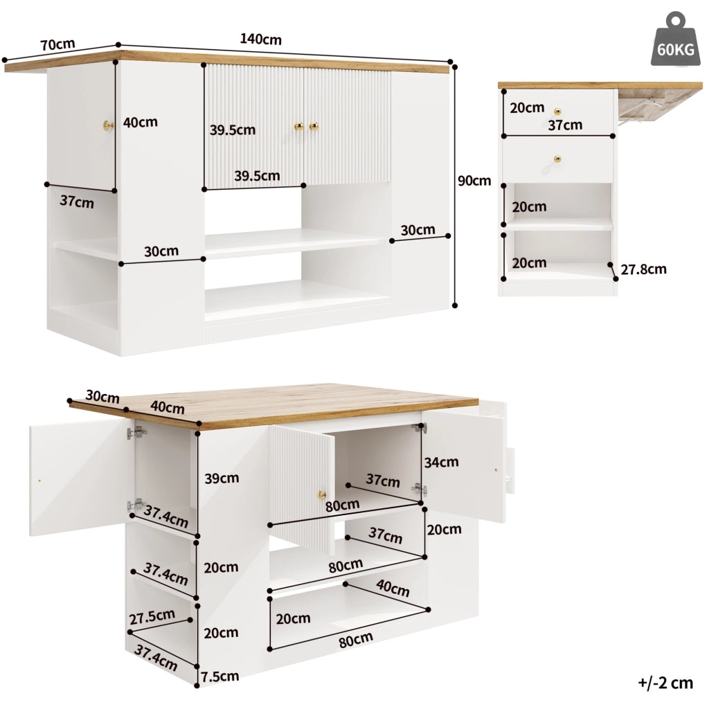 Isola cucina pieghevole bianca in MDF e metallo con ripiani e cassetti