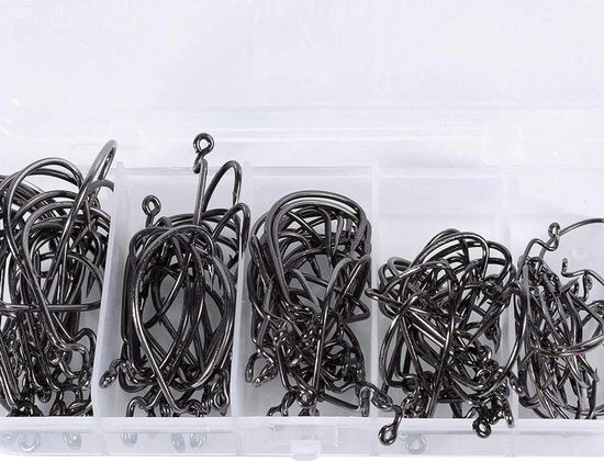 100 Scatole di Viti a Gola di Acciaio Carboceramica per Texan Rig con Lama Spessa e Offset per Pesci di Profondità con 5 Tipi di Lama (2#, 1#, 1/0#, 2/0#, 3/0#) e Nero.