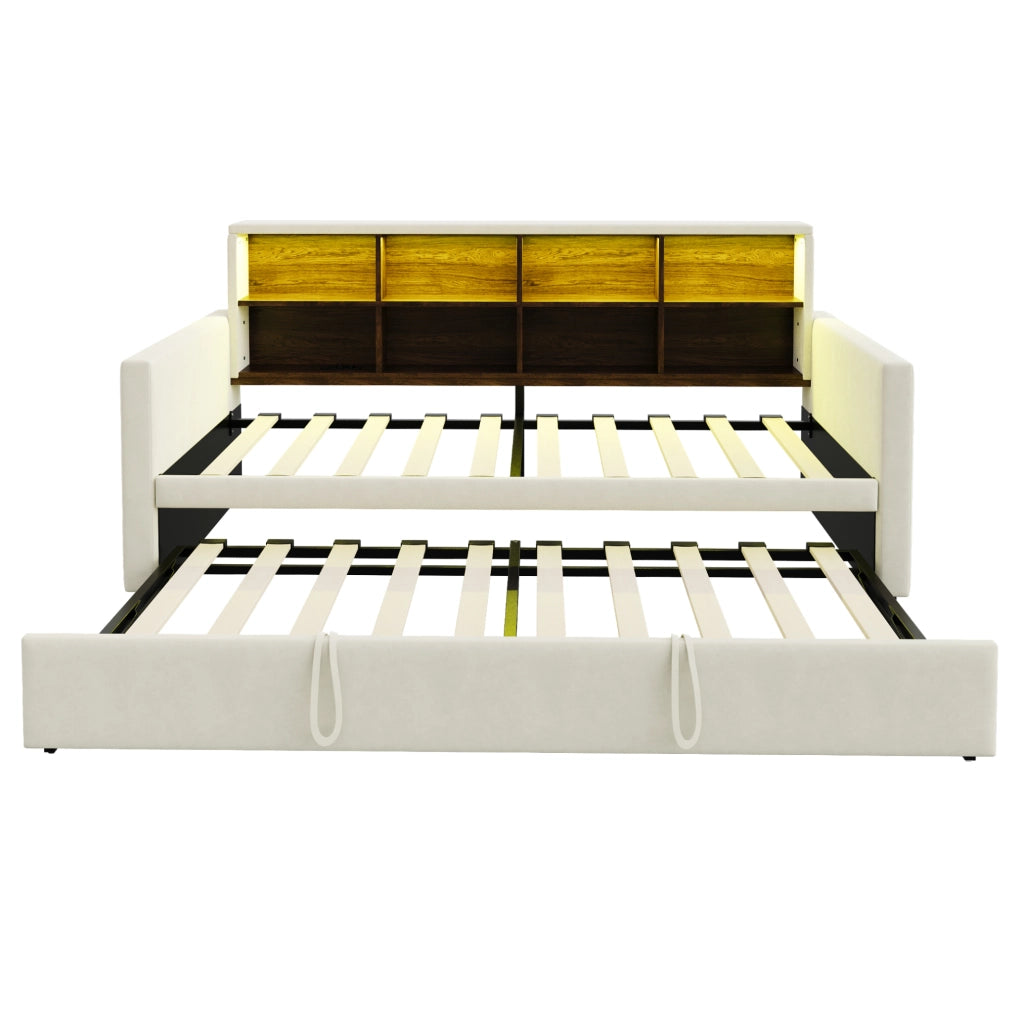Polsterbett Schlafsofa 90x190 cm mit ausziehbarem Bett, integriertem Staufach, LED-Lichtleiste und Ladeanschlüssen, Samtbezug Beige