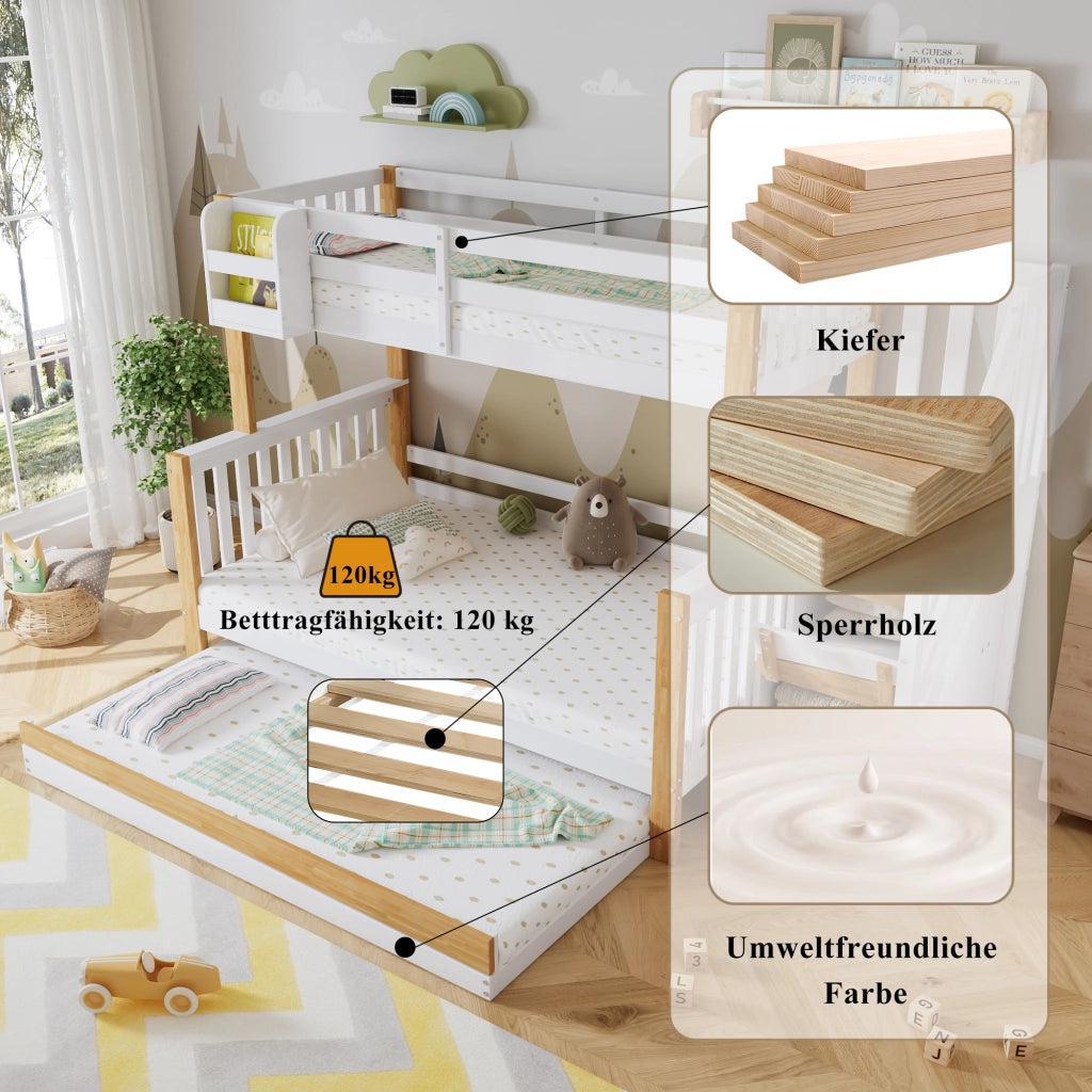 Letto a castello per bambini con letto estraibile; pino e MDF; scala contenitore; bianco e legno naturale