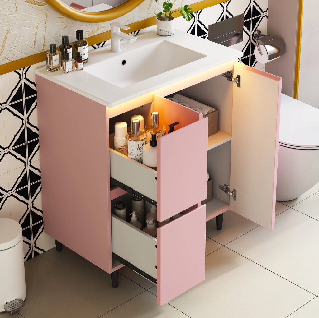 Mobile bagno con lavabo freestanding 76x47x89 cm rosa con luce LED a sensore HOMVRA