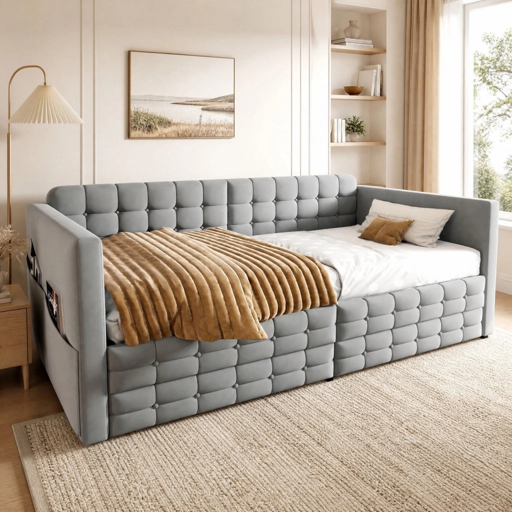 Letto con cassetti 90 × 190 cm imbottito con tasche laterali due cassetti e rete a doghe in velluto grigio chiaro