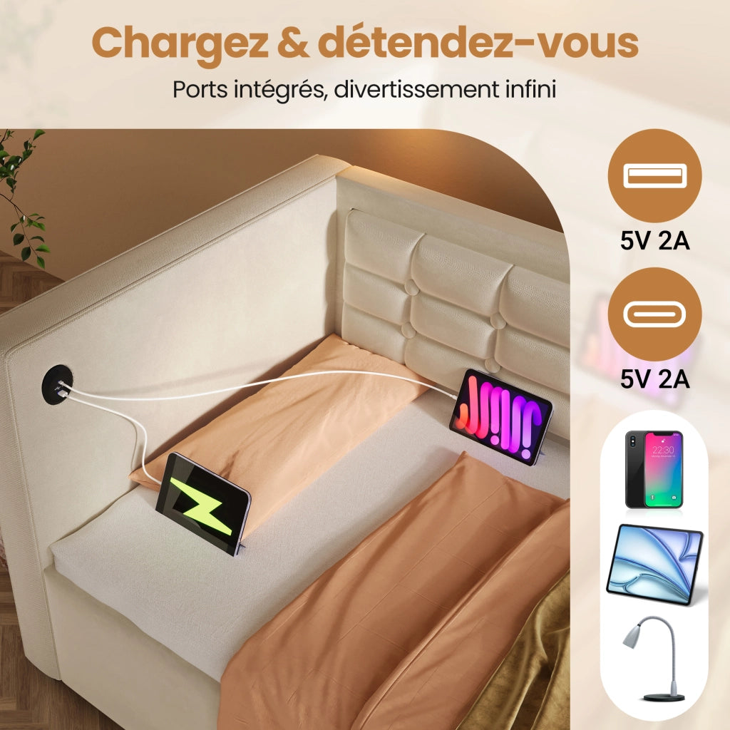 Letto divano singolo 90 × 200 cm con contenitore idraulico, USB e porta tipo C, senza materasso, velluto beige