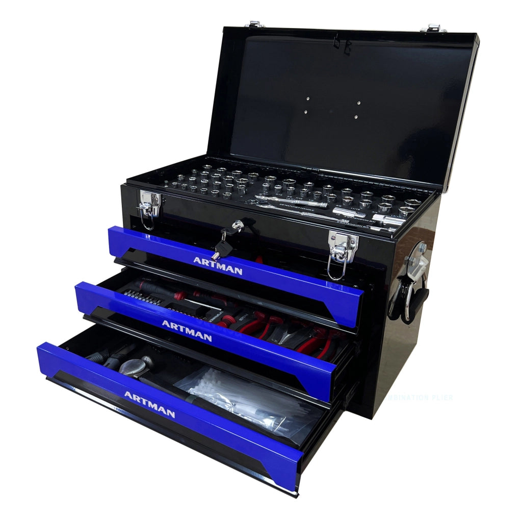 Cassetta per Attrezzi in Acciaio 508 mm con 3 Cassetti, Chiusure Metalliche, Maniglia, Nero e Blu