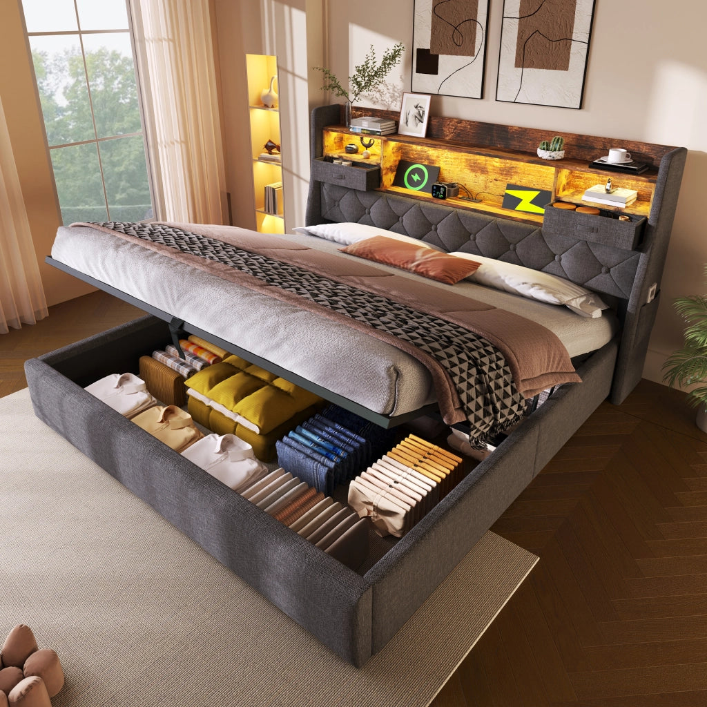 Letto Contenitore Matrimoniale Imbottito con LED e Doghe ¨C MINIMAL ¨C Grigio Tessuto 180x200