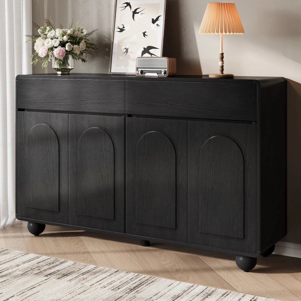 Sideboard moderno per soggiorno con ante curve, mobile contenitore in PB e MDF, piedi rotondi in metallo