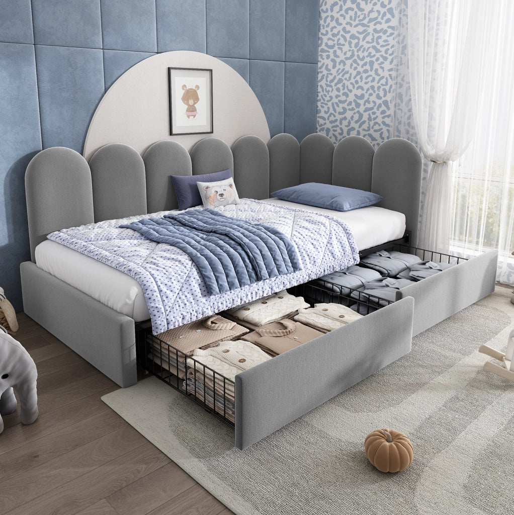 Letto imbottito con 2 cassetti, struttura L e rivestimento in velluto grigio 90x190 cm
